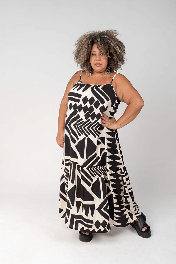 Vestido Viscose Ajustável Alças Grafismos