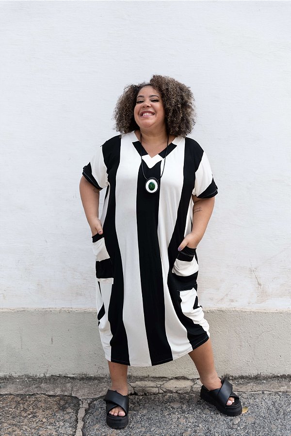 Vestido Malha Gola V Listras PB Sônia