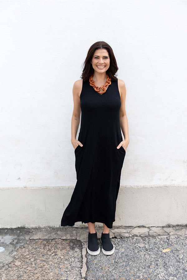 Vestido Malha Canelada Alças Decote V Preto