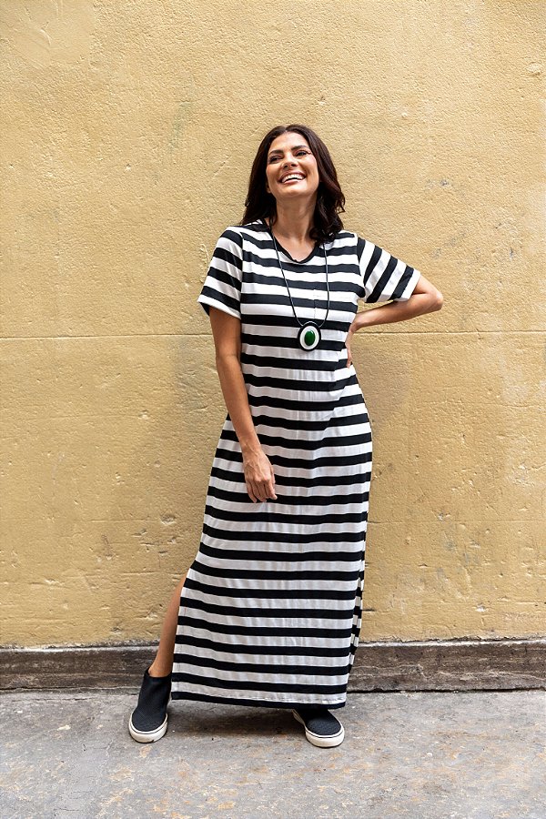 Vestido Malha Básico com Fenda Lateral Listras PB