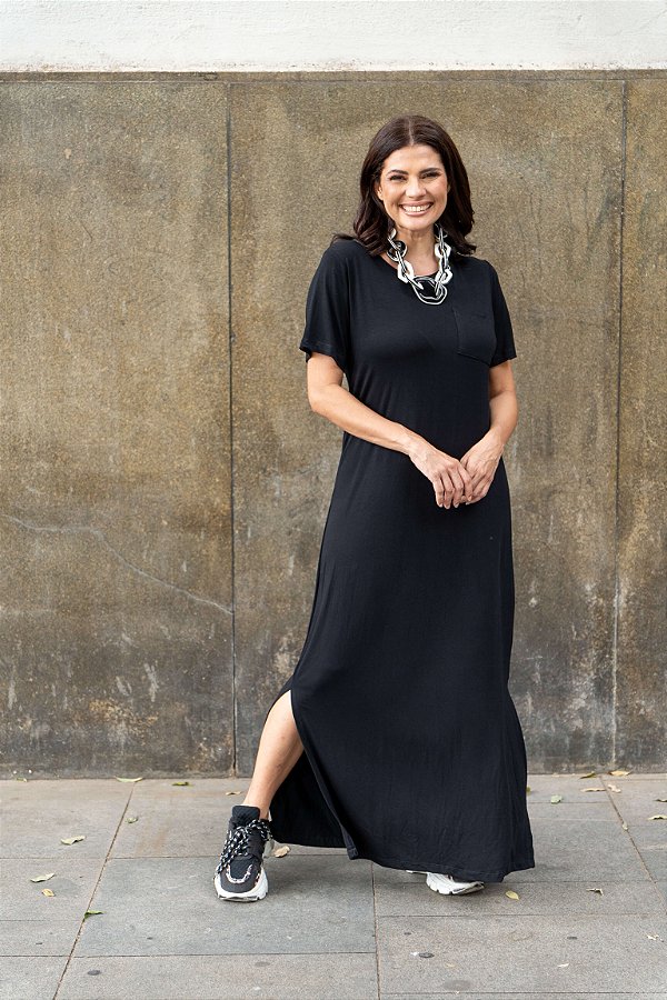 Vestido Malha Básico com Fenda Lateral Preto