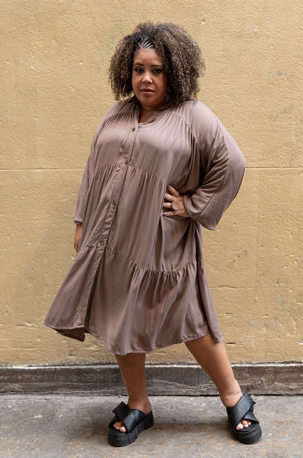 Vestido Manga Bufante Cáqui