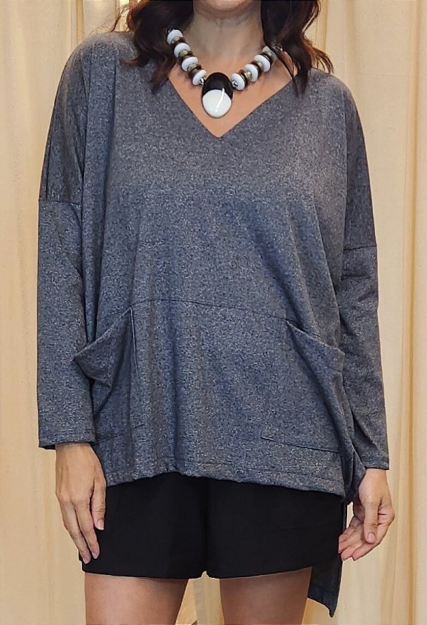 Blusa Manga Longa Fendas Grafite