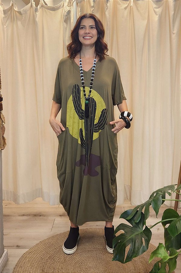 Vestido Malha Gola V Oliva Cactus Sônia