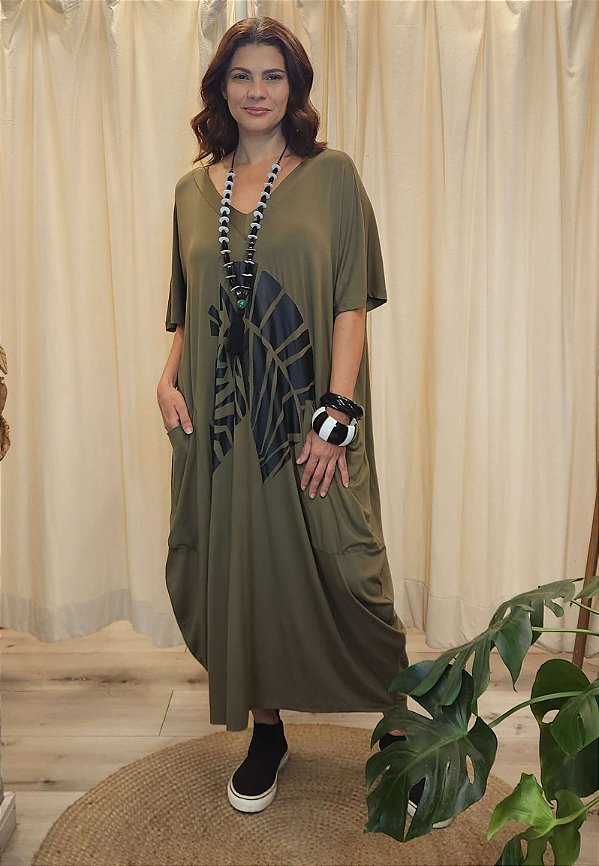Vestido Malha Gola V Oliva Cavalo Sônia