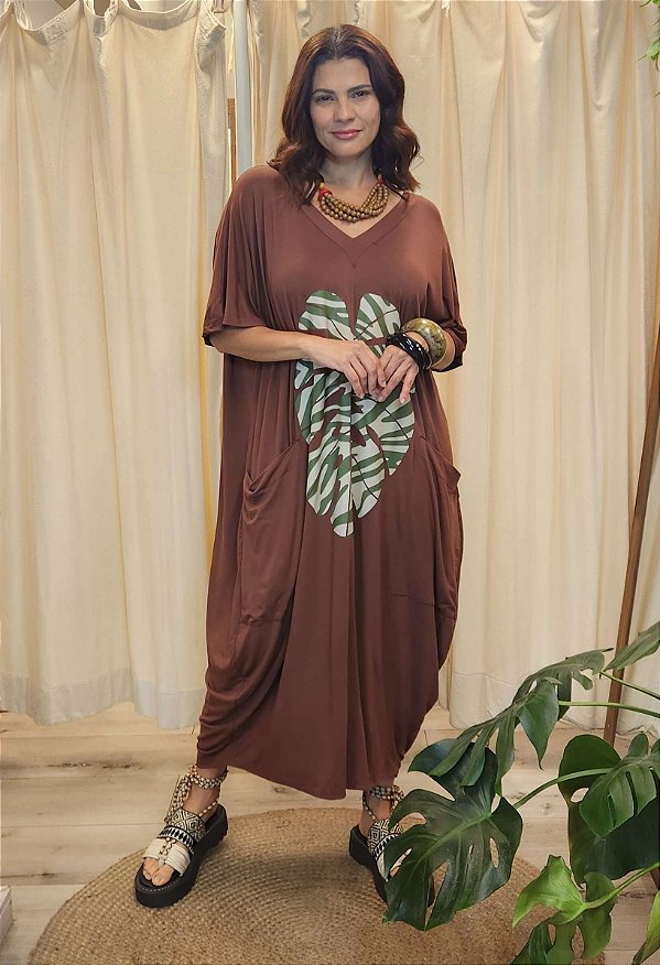 Vestido Malha Gola V Marrom Costela Sônia