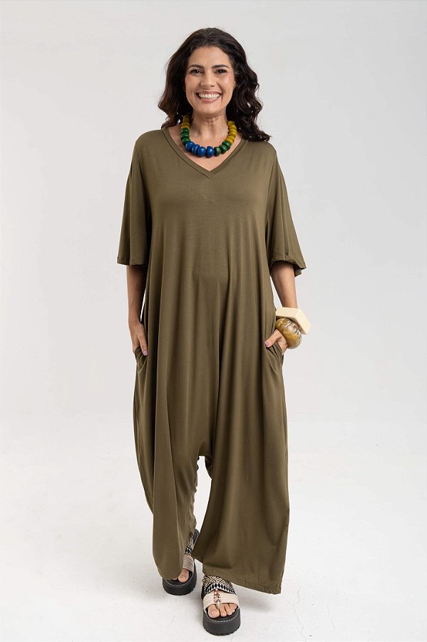 Macacão Malha Saruel Gola V Oliva