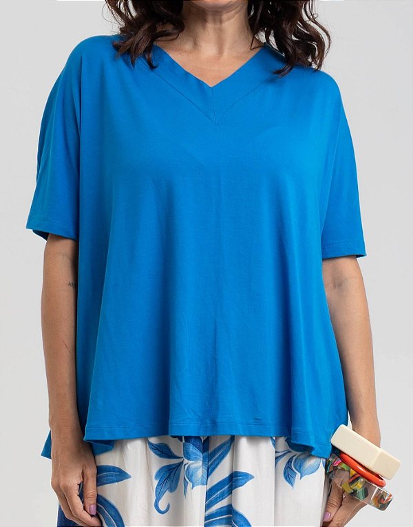 Blusa Evasê Decote V Azul