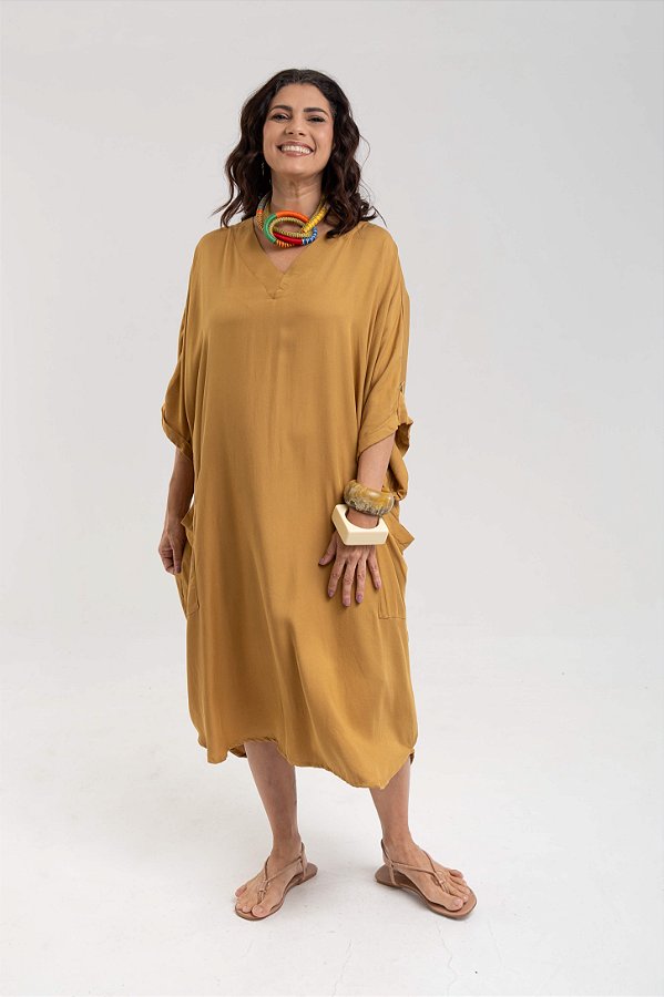 Vestido Amplo Bolso Frontal Mostarda