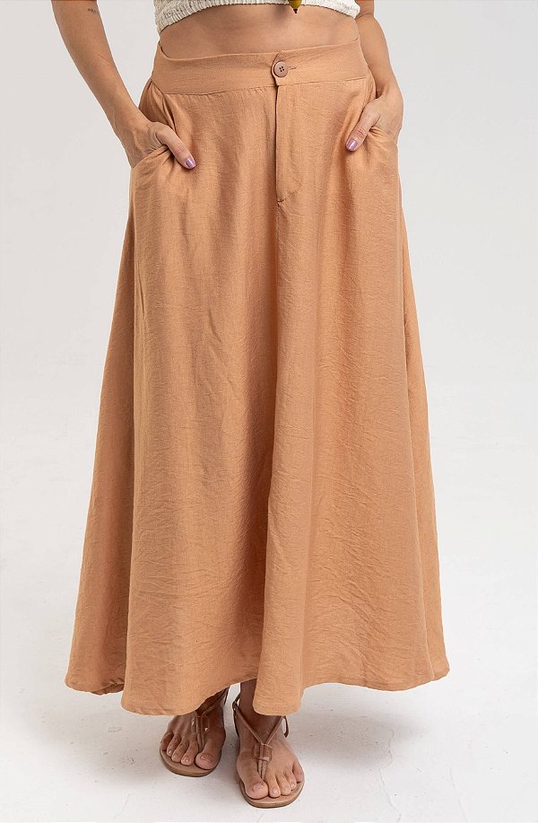 Saia Longa Linho Misto Caramelo