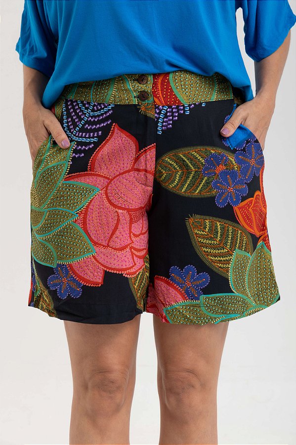 Bermuda Cós com Elástico Estampa Artesanal