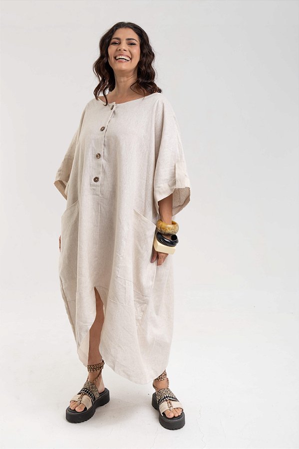 Vestido Amplo Martingale Linho Cru