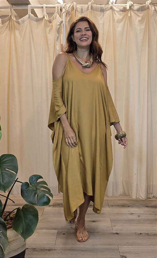 Vestido Brisa Detalhe Ombro Mostarda