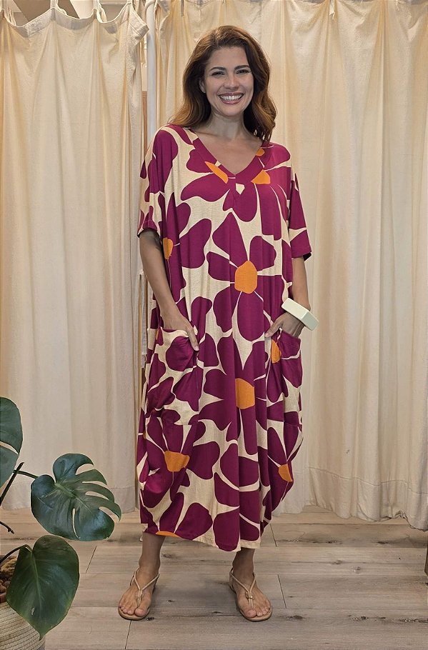 Vestido Malha Gola V Flower Sônia