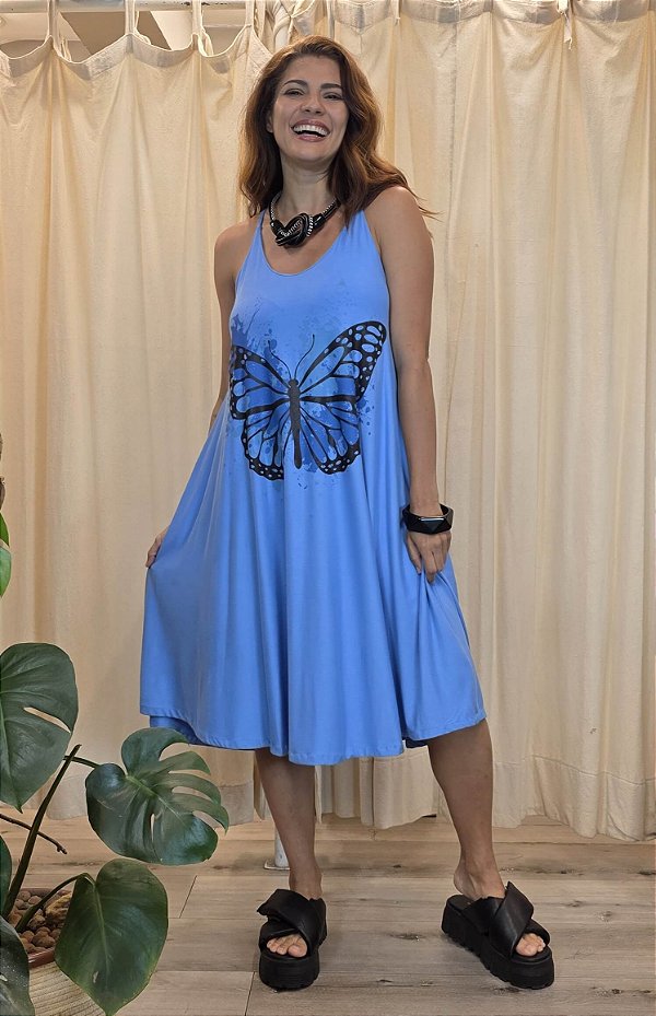 Vestido Midi Alças Azul Borboleta Olga