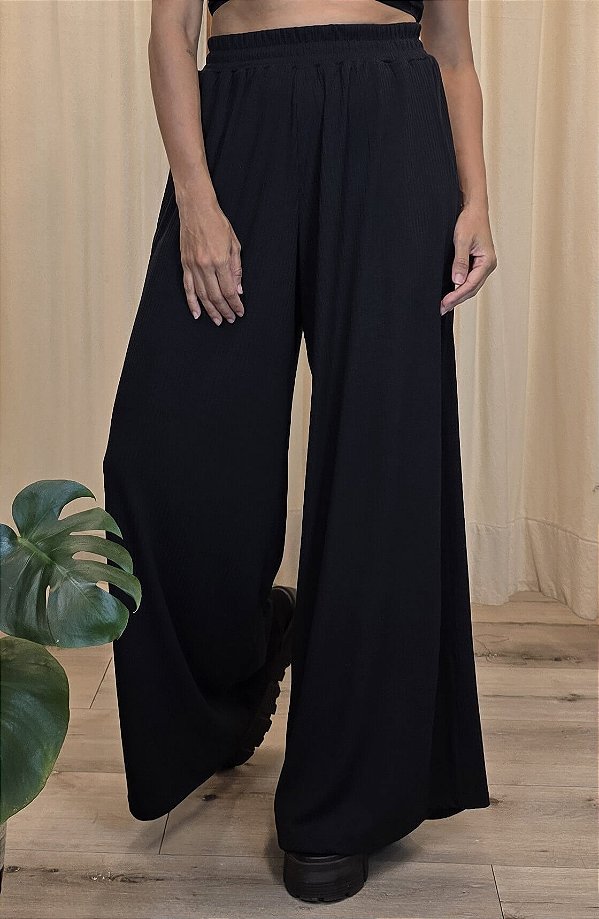 Calça Pantalona Malha Canelada Preta