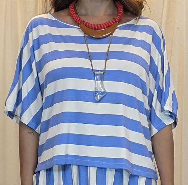 Blusa Morcego Manga Curta Listra Azul