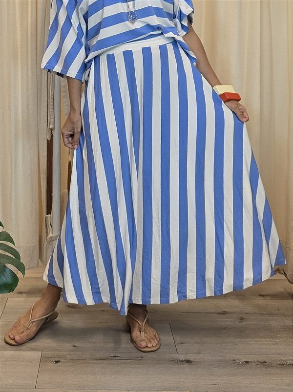 Saia Malha Elástico Listra Azul