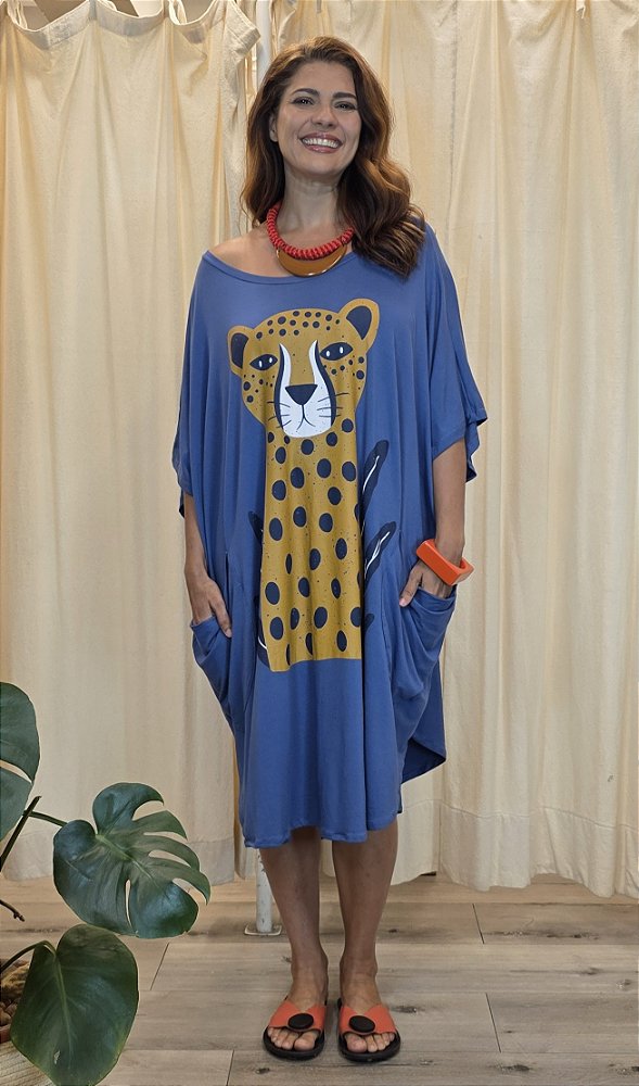 Vestido Malha Amplo Azul Felina