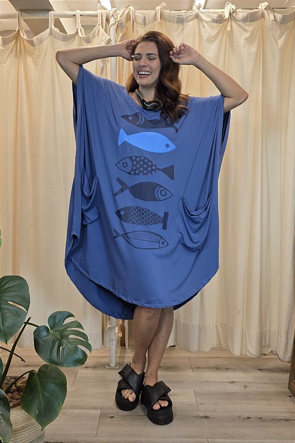 Vestido Malha Amplo Azul Peixes
