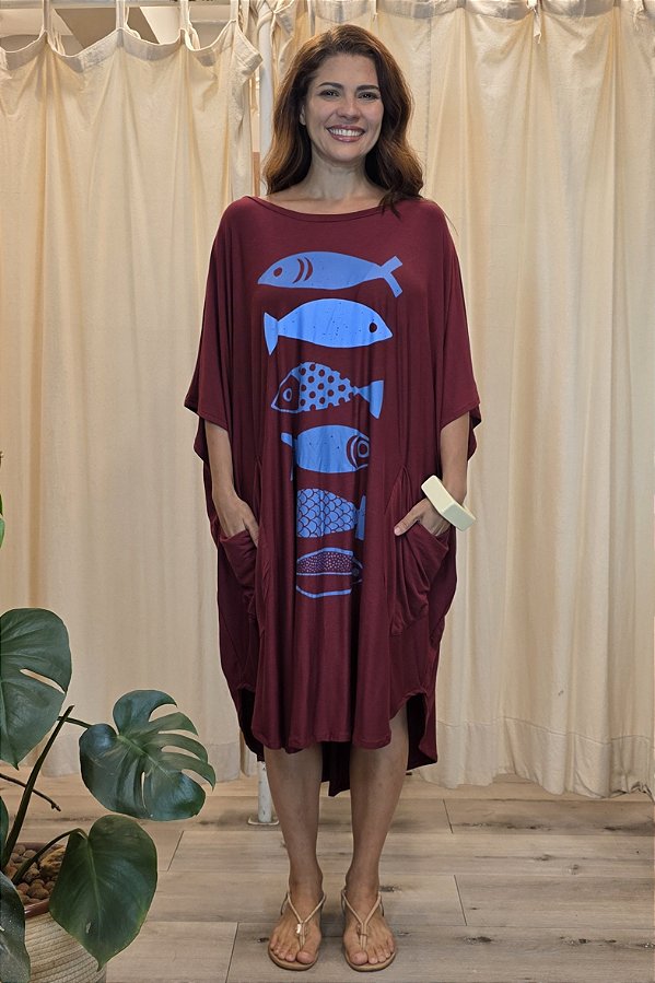 Vestido Malha Amplo Bordô Peixes