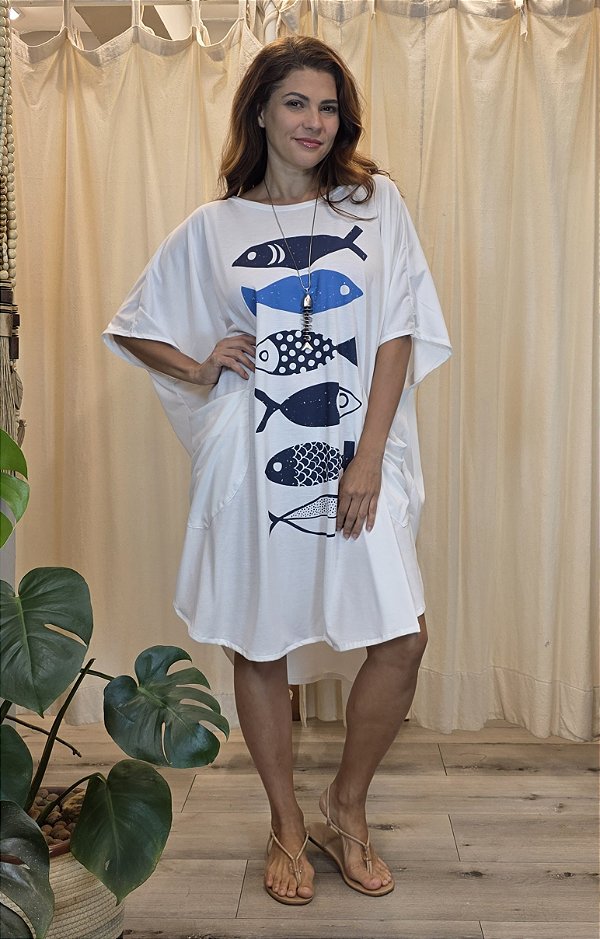 Vestido Malha Amplo Offwhite Peixes