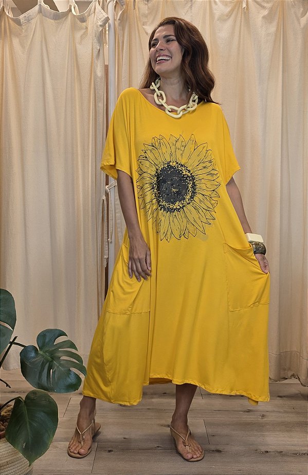 Vestido Trapézio Amarelo Girassol Sandra