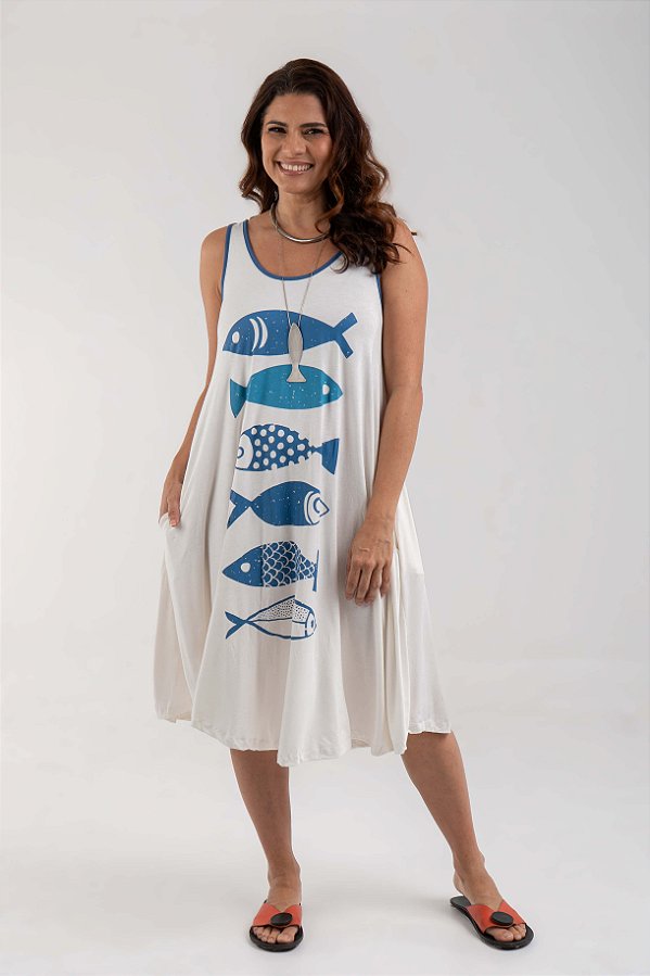Vestido Regata Evasê Offwhite Peixes