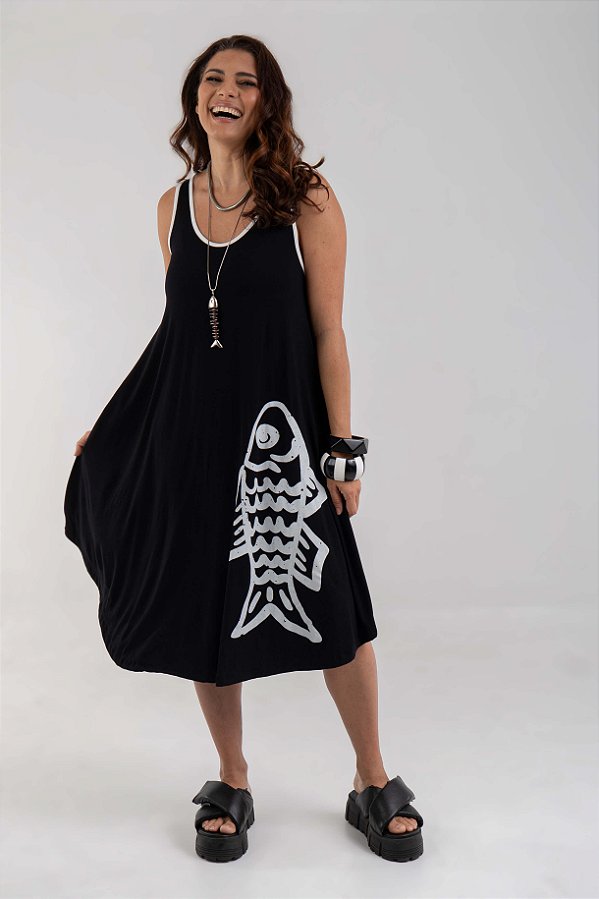 Vestido Regata Evasê Preto Peixe