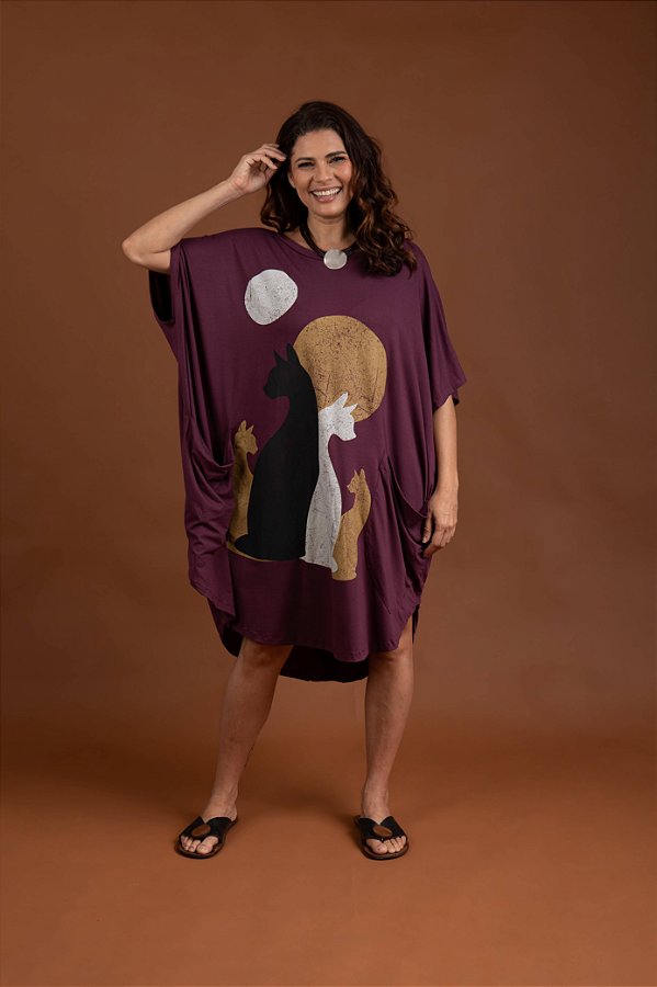 Vestido Malha Amplo Uva Gatos