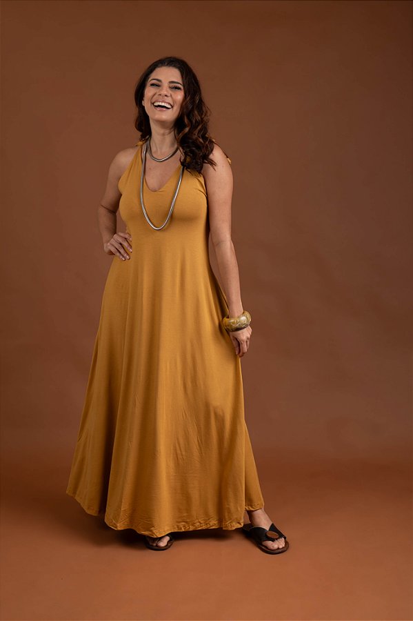 Vestido Malha Longo Alças Ajustáveis Mostarda