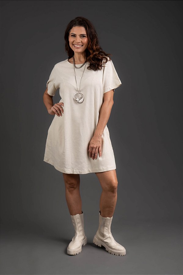 Vestido Evasê Linho Misto Cru