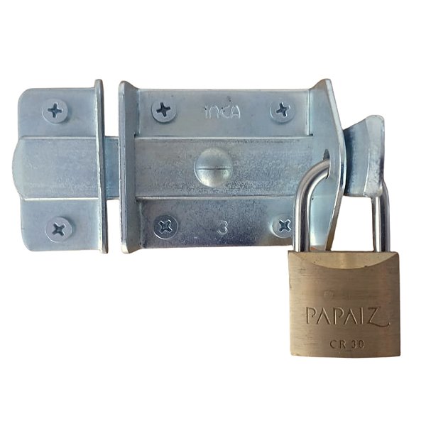 Fecho trinco ou tranca de aço 9x5cm para portão e cadeado de latão 30mm