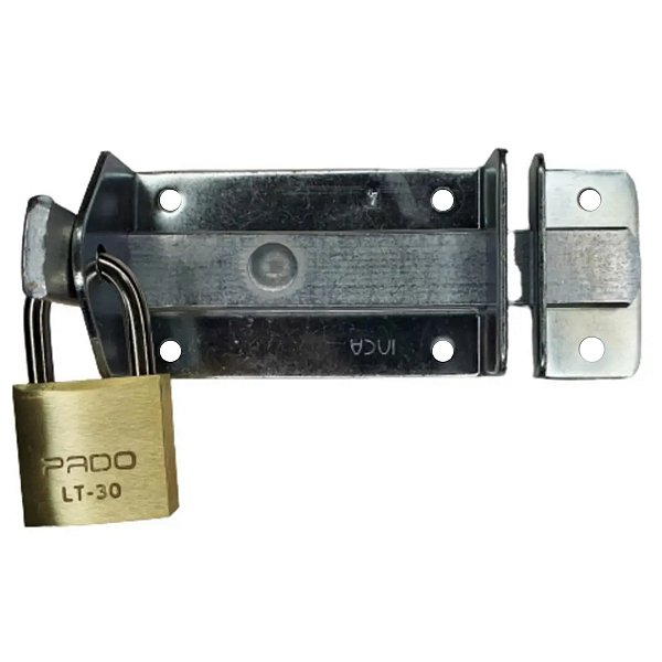 Fecho trinco ou tranca de aço 12x5cm para portão e cadeado de latão 30mm