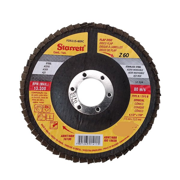 Disco flap grão 60 desbaste lixa limpa ferro e aço Starrett 115mm