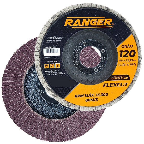 Disco flap grão 120 desbaste lixa ferro aço 115mm esmerilhadeira Ranger