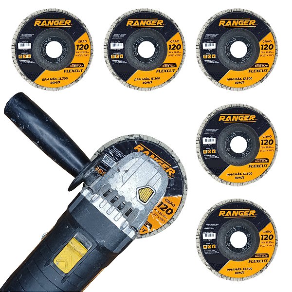 Disco flap grão 120 desbaste lixa ferro e aço 115mm para esmerilhadeira 5 pçs