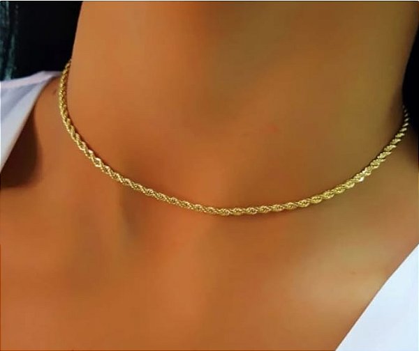 Colar Choker Cordão  Baiano Torcido Banhado em Ouro 18k.
