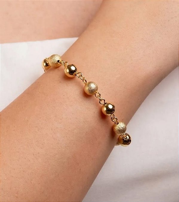 Pulseira de Bolas Lisas e Bolas Foscas Banhada em Ouro 18 k.