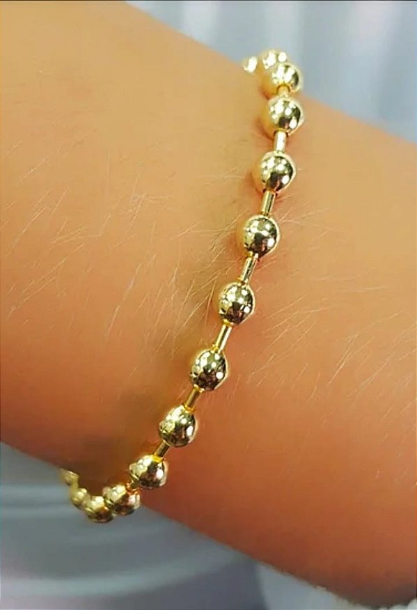 Pulseira Bolinhas Lisas e Tubinhos Banhada em Ouro 18 k.