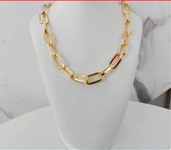 Colar Choker Elos Retangulares Banhado em Ouro 18 k.