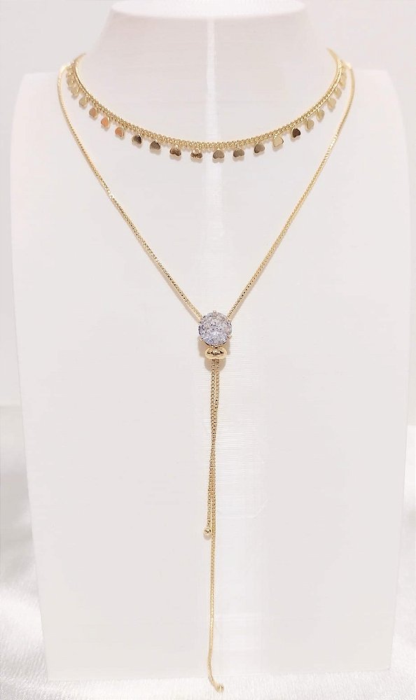Colar Gravatinha Regulável com Pedra de Zircônia Banhado em Ouro 18 k.