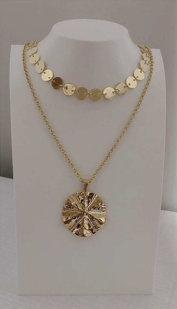 Colar Choker Feminino Plaquinhas Redondas Lisas  Banhado em Ouro 18 k.