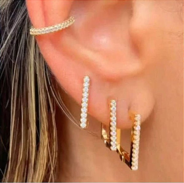 Trio de Brincos Retangulares Cravejadas com Zircônias Cristal Banhado em Ouro 18 k.