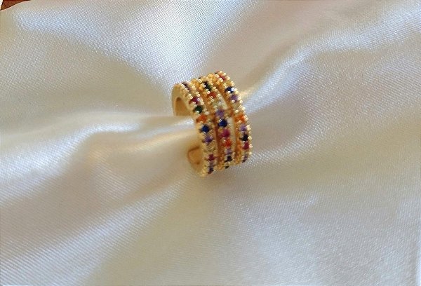 Piercing Fake Cravejado com Pedras de  Zircônia Coloridas Banhado em Ouro 18 k.