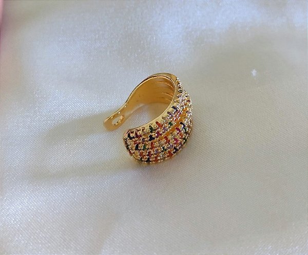 Piercing Fake Cravejado com Pedras de Zircônia Coloridas Banhado em Ouro 18 k.
