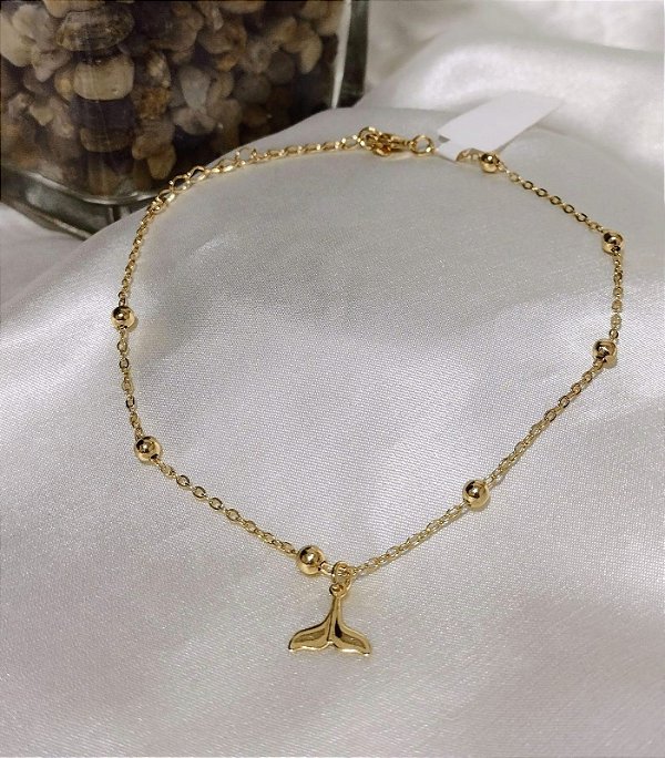 Tornozeleira Bolinhas e Pingente Rabo de Sereia Banhada em Ouro 18 k.
