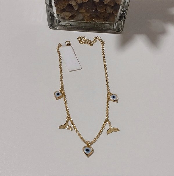 Tornozeleira  Pingente olho Grego Coração e Rabo de Sereia Banhada em Ouro 18 k.