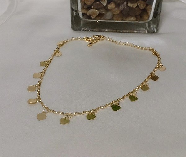 Tornozeleira  Pingentes Coração Banhada em Ouro 18 k.