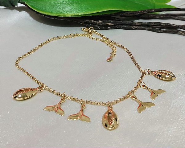Tornozeleira Pingentes Búzios e Rabo de Sereia Banhada em Ouro 18 k.